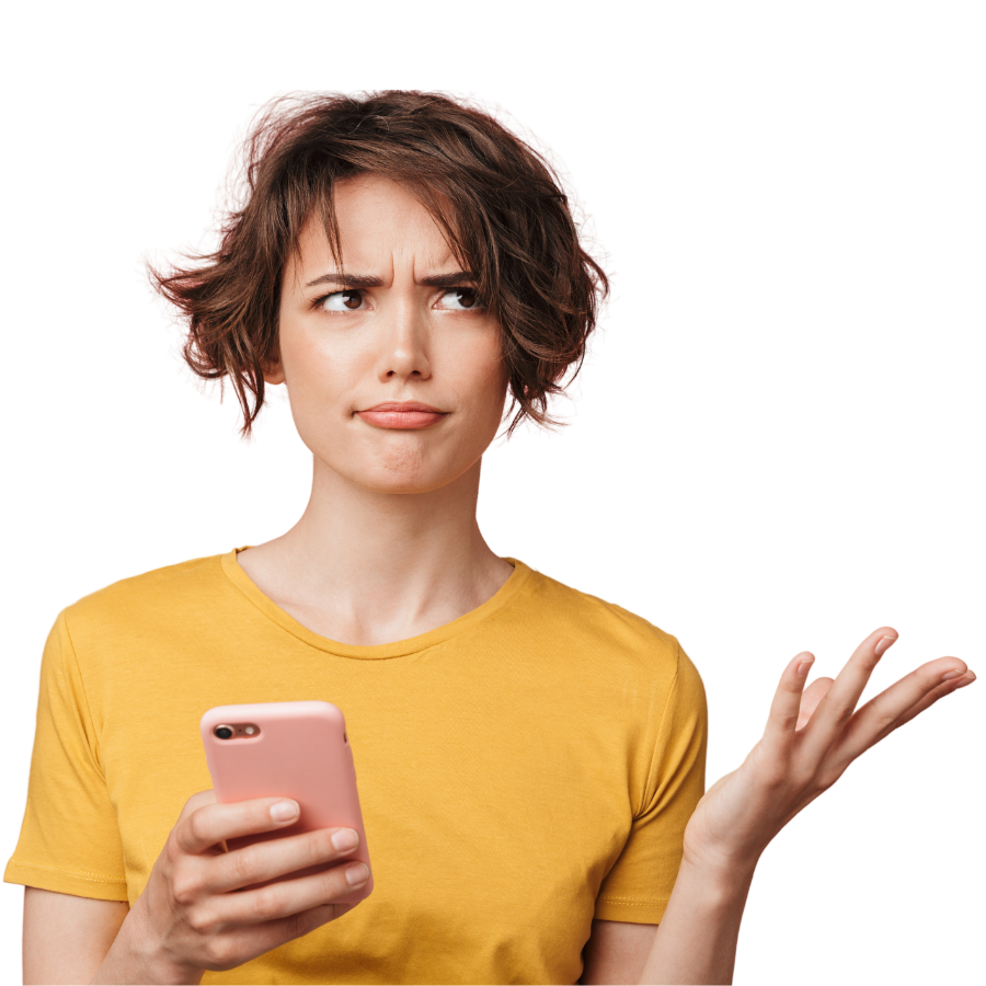 confused young woman in yellow tshirt holding a phone
